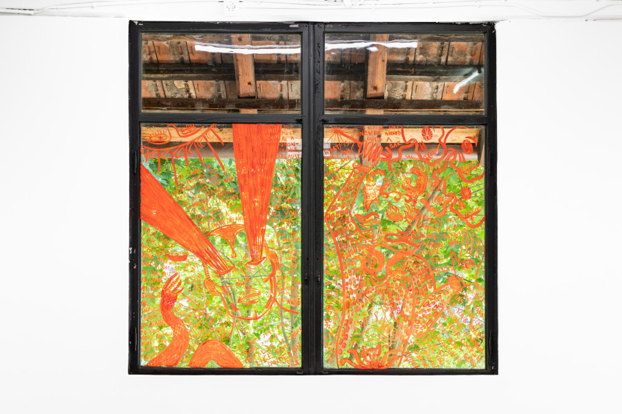 Left: Leila Peacock, Psychomachia - Pick-up..., 2023, Cel-vinyl paint on glass, 85 x 127 cm. Right: Leila Peacock, Psychomachia - Un-jokes..., 2023, Cel-vinyl paint on glass, 85 x 127 cm. Photo: Kilian Bannwart