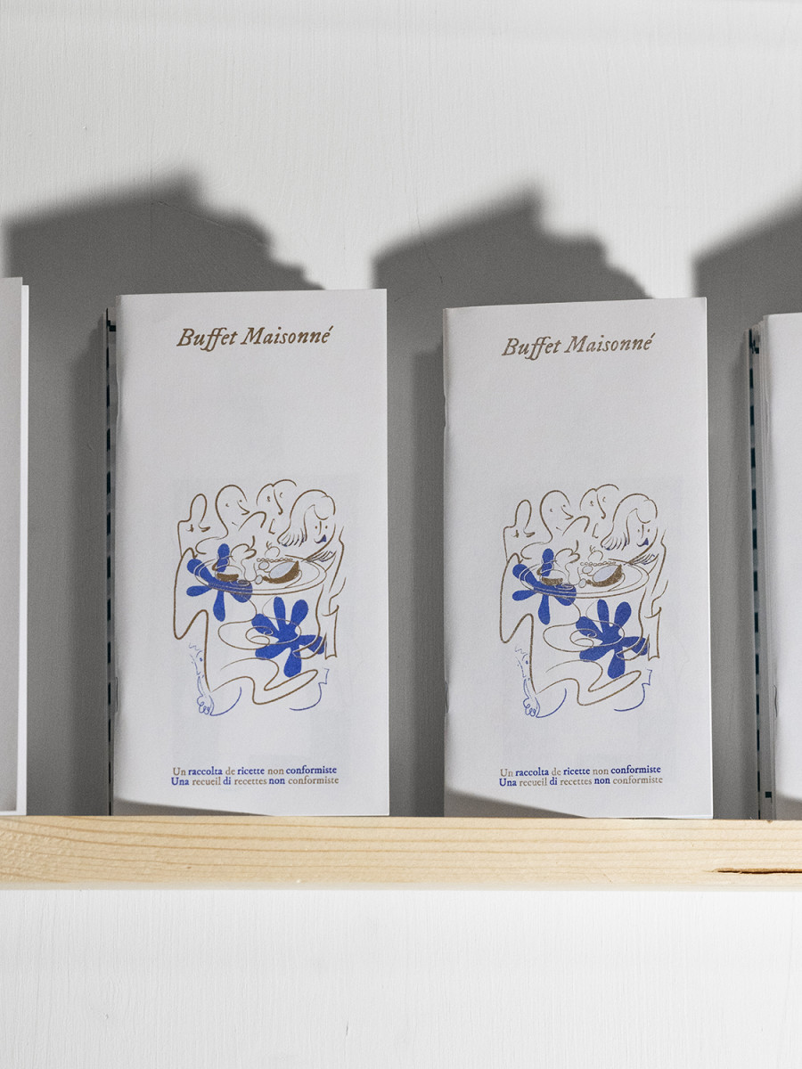 Detail of publication Buffet Maisonné, by Cassiane Pfund, Larissa Tiki Mbassi, Juliette Lépineau and Jessy Razafimandimby, RISO-printed edition of 120 copies, 2023. Courtesy of the Artist and La Rada, Locarno. Photography Riccardo Giancola