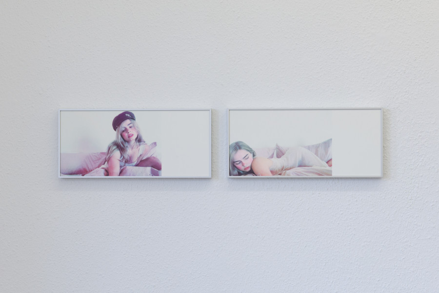 Exhibition view, Moniker, HAMLET, Zürich, 2025. Gaia Del Santo, Addison Rae (after Addison Rae), 1-7, 2025, 7 Risograph prints on Lessebo 240g (10+ 1 AP), 17 x 38 cm