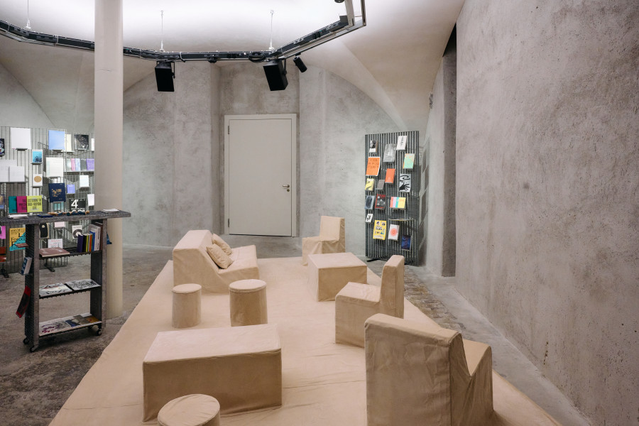 Exhibition view «Interlude: Act 2, Hold The Sound – BaseCamp Library», Cabaret Voltaire 2025; Design by Gabriel Hafner, 2024–2025. Photo: Romain Mader.