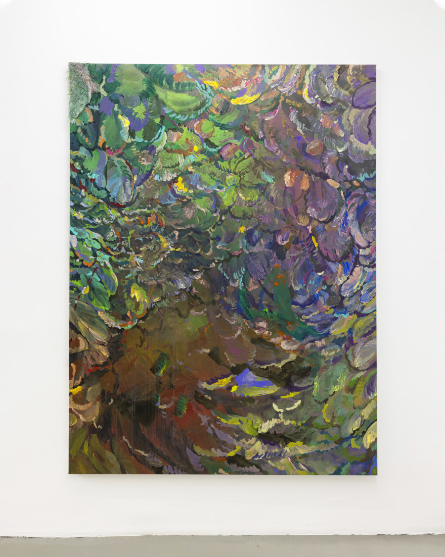 Michele Gabriele, “Study for the Plumage of a Parrot. An Unbothered, Sad, and Cringe Parrot. Indifferent to its Context.”, from the Solo Show “Brambora” at Kaly Gallery, Lucerne, CH, Acrylic and mixed media on canvas, 78 3/4 x 59 in, 200 x 150 cm, 2025. Courtesy of the Artist and Kali Gallery. Photo by Kim da Motta