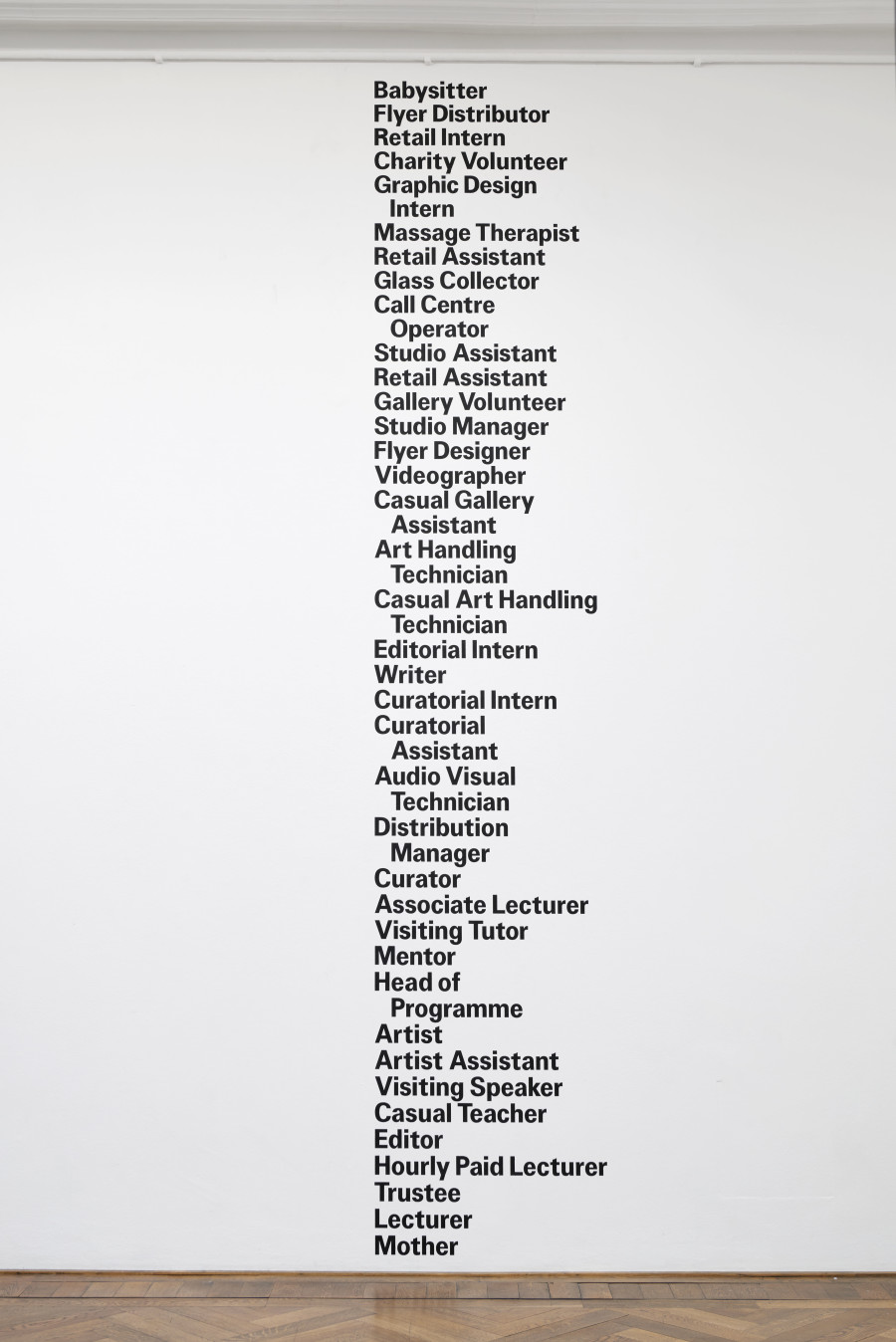 Ghislaine Leung, Jobs, 2024, installation view, in: Ghislaine Leung, Commitments, Kunsthalle Basel, 2024, photo: Philipp Hänger / Kunsthalle Basel. Score: A list of jobs held by the artist. All works courtesy the artist; Maxwell Graham, New York; and Cabinet, London.