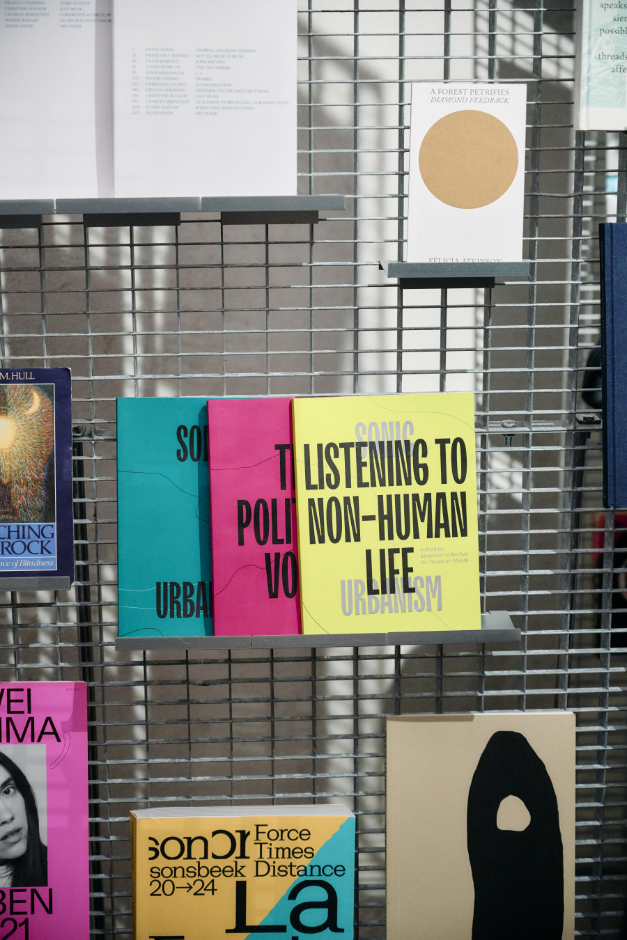 Exhibition view «Interlude: Act 2, Hold The Sound – BaseCamp Library», Cabaret Voltaire 2025; Design by Gabriel Hafner, 2024–2025. Photo: Romain Mader.