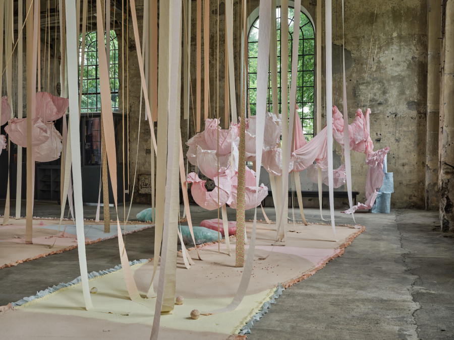 Karla Black, 'Safety As A Stance', 2025, installation view 'Karla Black', Kunstraum Dornbirn 2025, Photo Günter Richard Wett, © Karla Black, Courtesy Galerie Gisela Capitain, Cologne and Modern Art, London.