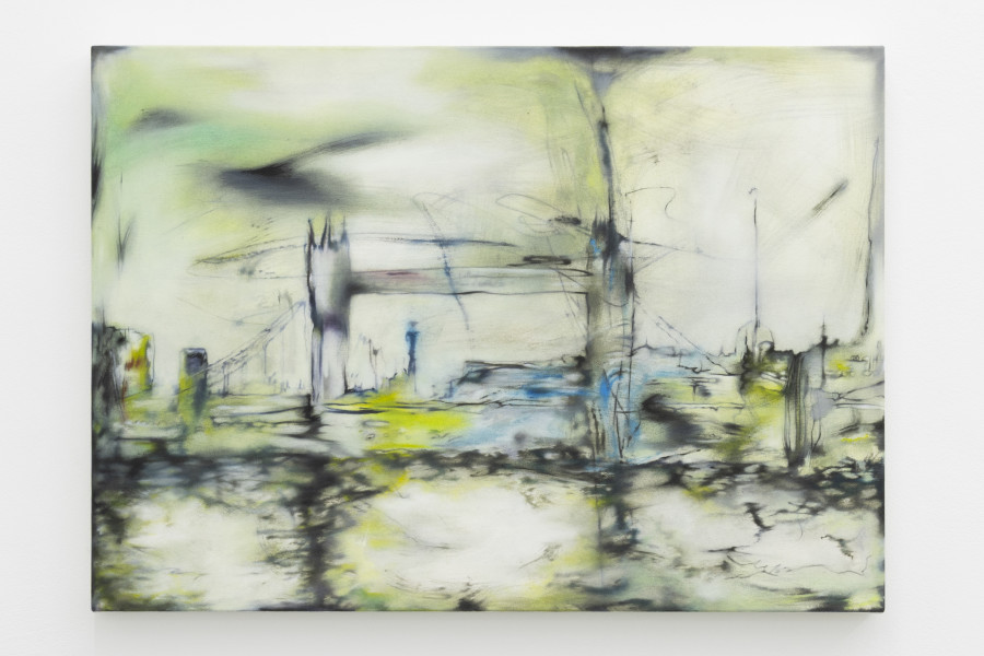 Héloïse Chassepot, London skyline, in black and white, Oil on canvas, 19 3/4 × 27 1/2 in, 50 × 70 cm, unique, 2025. KALI Gallery, Luzern, 2025. Credit photo: Liv Burkhard