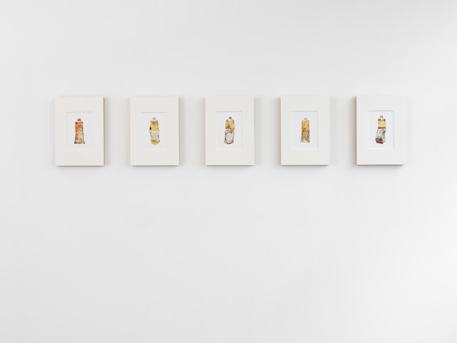 Théa Giglio, Still Life (after Eric Vial), 2020–2025, inkjet print on Extra Life paper, MDF, exposed mounting, 21 × 27 cm each (×5). © Sebastien Verdon