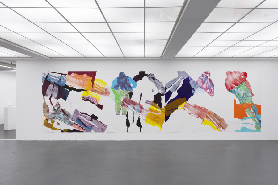 Pia Fries, durch sieben siebe, 2022. Acryl auf Papier, ortsspezifische Installation. Courtesy: Pia Fries, Mai 36 Galerie, Zürich, Miles McEnery Gallery New York. Ausstellungsansicht / Installation view Kunsthaus Baselland 2023. Foto / Photo: Gina Folly © Pia Fries / 2023 ProLitteris, Zürich