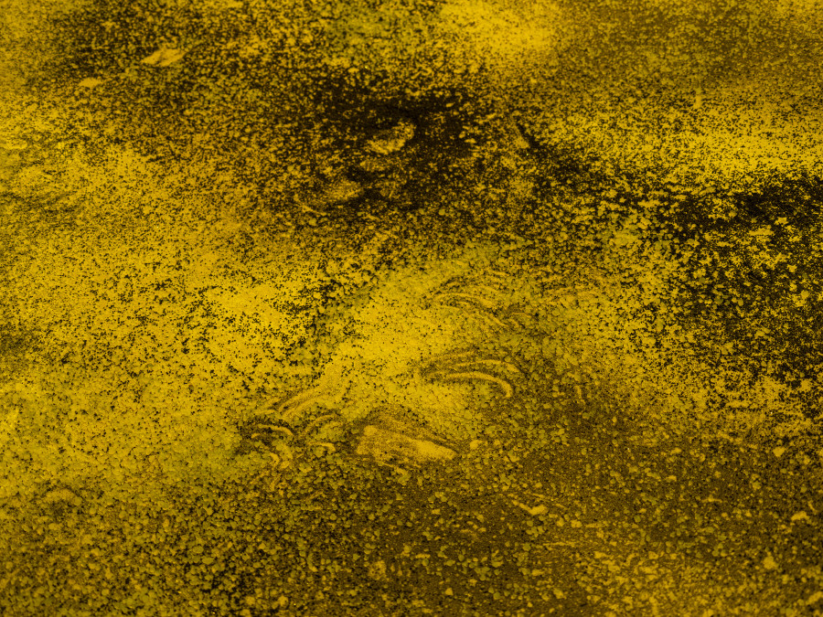 Exhibition View Duo Show Pauline Cordier & Rahel Oberhummer « Ce qui nous échappe » at Espace ContreContre, Saint-Maurice, 2026 / Photo: ©Etienne Malapert / Courtesy: The artists & EspaceContreContre. Devenir trace, Silica gravel, quartz powder and sand on linoleum, Site-specific installation: 650 × 1350 × 0.5 cm, 2026
