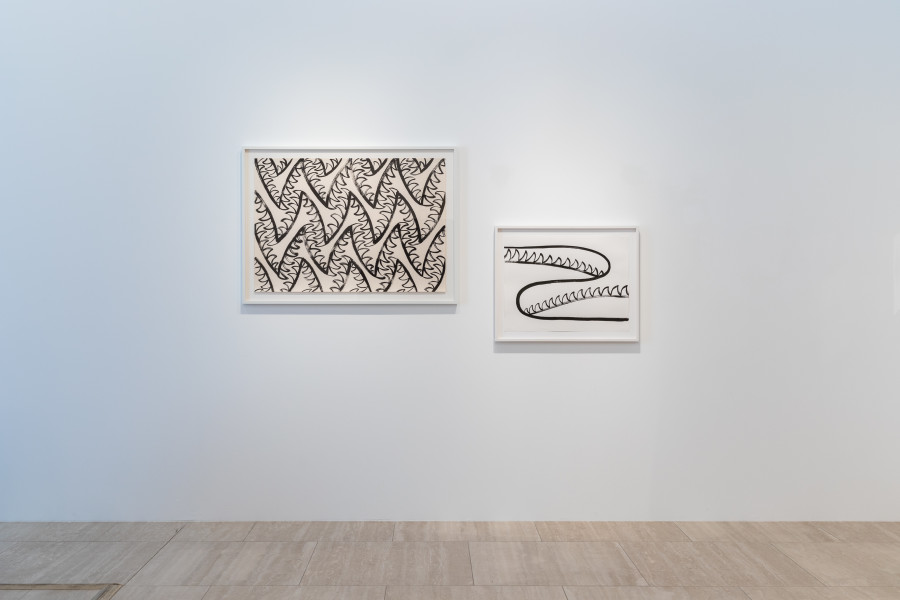 Left: Sam Porritt, Springing Traps, 2021, Brush and Ink on Paper, 70x 100. Right: Sam Porritt, Lying in Weight, 2019,Brush and Ink on Paper, 50 x 65 cm.