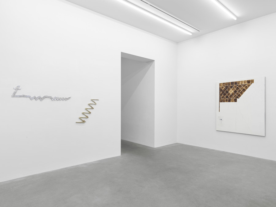 Installation view, Matias Faldbakken, Abstracts and Pewter Abstracts, Galerie Eva Presenhuber, Waldmannstrasse, Zurich, 2025. © Matias Faldbakken. Courtesy the artist and Galerie Eva Presenhuber, Zurich / Vienna. Photo: Stefan Altenburger Photography, Zürich