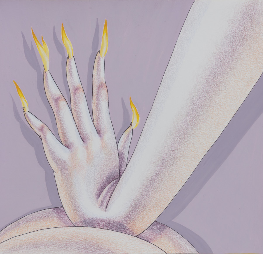 Sarah Slappey, Lavender Flame Fingers, 2020. Colored pencil, pen and gouache on paper, 26 x 27.9 cm, 10 1/4 x 11 in. Photo Credit: Annik Wetter.