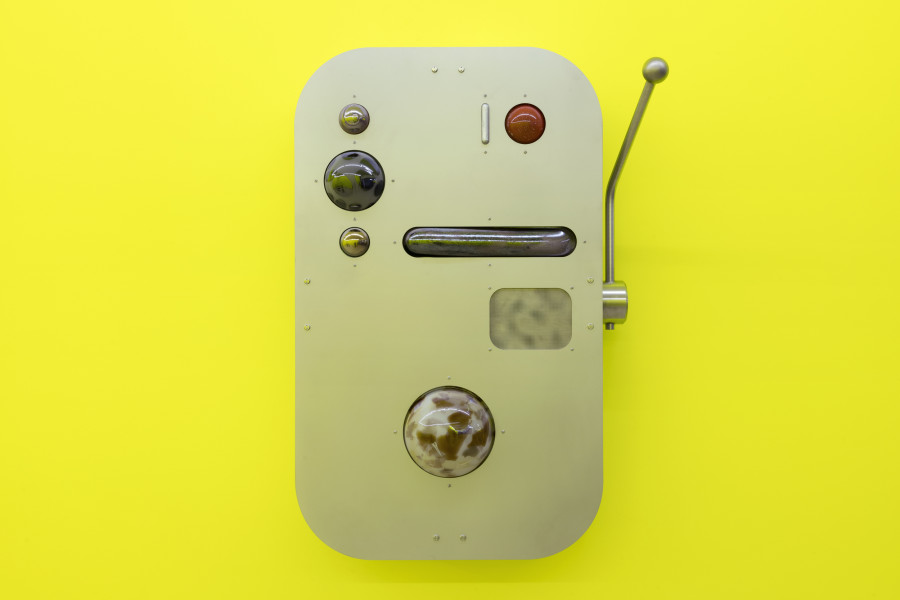 Baker Wardlaw, (information exploit) apparatus, 2024, bead blast stainless steel, glass, cast aluminum, smd stencil, hardware, 100 x 70 x 30 cm. Photography: Gina Folly / Copyright and courtesy of the artist and For, Basel