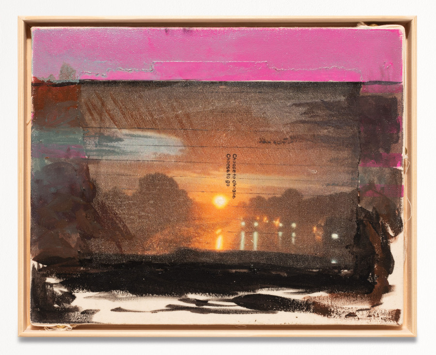 Choose to choose choose to go, 2023, Oil, acrylic and iron transfer print on canvas, framed, 26.5 x 32.5 cm. ©2024 suns.works and the artist. Photography: Claude Barrault, Remy Ugarte Vallejos et al.