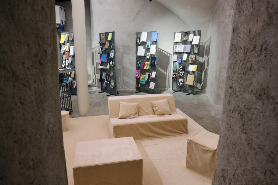 Exhibition view «Interlude: Act 2, Hold The Sound – BaseCamp Library», Cabaret Voltaire 2025; Design by Gabriel Hafner, 2024–2025. Photo: Romain Mader.