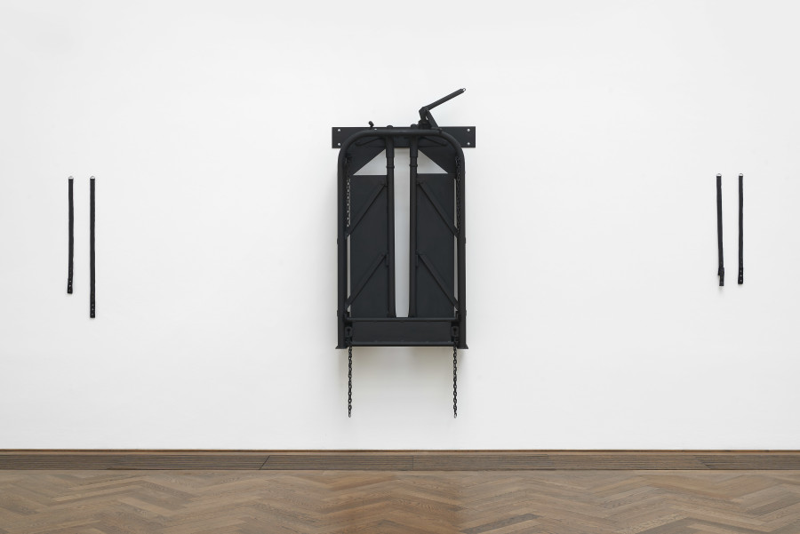 Tiona Nekkia McClodden,THE POETICS OF BEAUTY WILL INEVITABLY RESORT TO THE MOST BASE PLEADINGS AND OTHER WILES IN ORDER TO SECURE ITS RELEASE, Kunsthalle Basel, 2023, exhibition view, central: A MERCY IV, 2023, left and right: THRASHER [I-XVI], 2023, photo: Philipp Hänger / Kunsthalle Basel