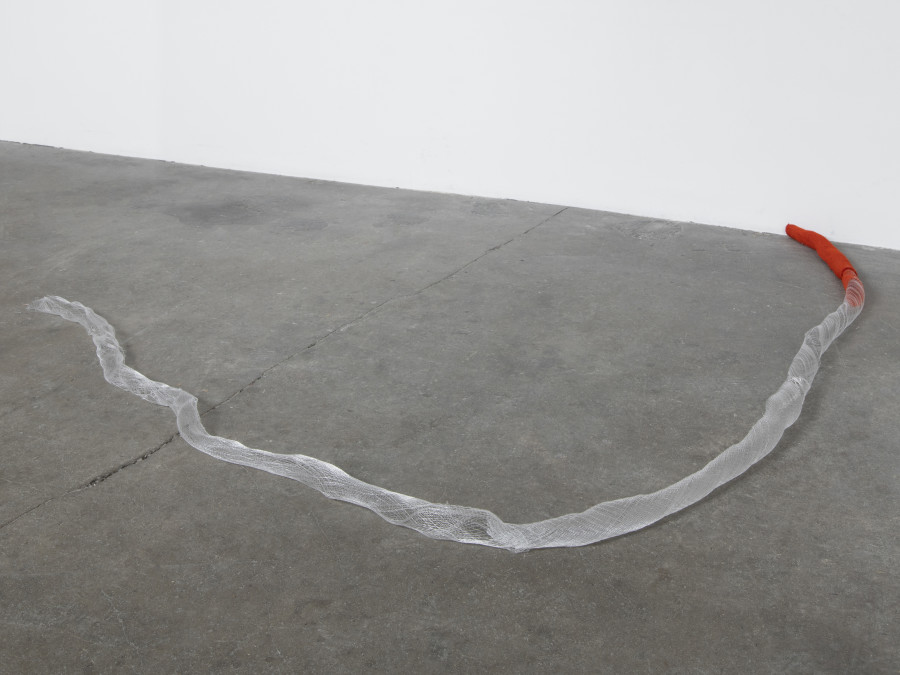 Hana Miletić, Materials, 2023, Hand-woven textile (bright orange organic linen, recycled nylon, and recycled plastic), 400 cm, diameter 4 cm