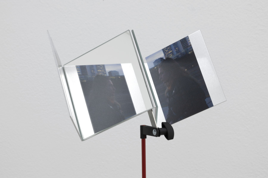 Emanuel Rossetti, Leonie, detail, 2024. Two digital c-prints on Fuji Crystal Archive paper, mounted on aluminum, mirrors, music-stand, 140 x 30 x 25 cm. Emanuel Rossetti, Stimmung, installation view, Kunsthaus Glarus, 2024. Photo: Gina Folly. Courtesy of the artist, Karma International, Zurich and Jan Kaps, Cologne.