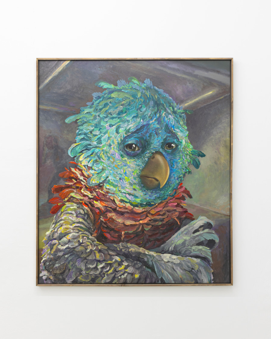 Michele Gabriele, “Portrait of a Parrot. An Unbothered, Sad, and Cringe Parrot. Indifferent to its Context.”, from the Solo Show “Brambora” at Kaly Gallery, Lucerne, CH, Acrylic on canvas, artist frame, 51 1/8 x 44 1/8 in, 130 x 112 cm, 2025. Courtesy of the Artist and Kali Gallery. Photo by Kim da Motta