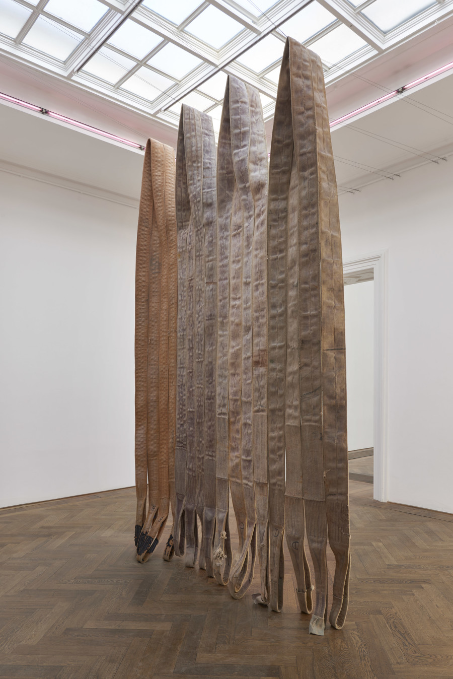 Installation view, Alia Farid, In Lieu of What Is, view on Pipeline sling tapestry, 2022, Kunsthalle Basel, 2022. Photo: Philipp Hänger / Kunsthalle Basel