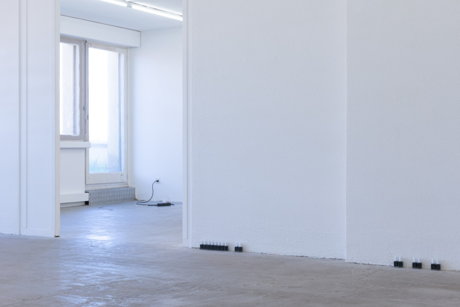 Exhibition view, Moniker, HAMLET, Zürich, 2025. From left to right: Sam Cottington, Phone Play, 2024 ; Gaia Del Santo, black essie series, 2024 - ongoing 48 Essie nail polishes with individual titles (diet pepsi, consumer subjectivity, sweet, aura, artist statement, angel, reality, financial temporality; pretty face, dissecting gaze; bernadette corporation, nicole gravier; presentational context, prepetual more; xx, aesthetic disinterest)