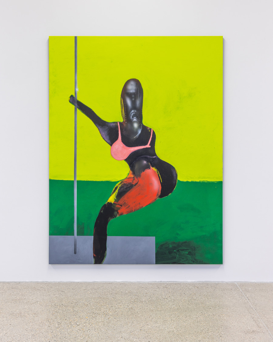Exhibition view "F(r)ictions of Intimacy"; Pol Taburet, The Stripper, oil, acrylic and alcohol on canvas, 200x160 cm, 2023 at CALM - Centre d'Art La Meute, Lausanne, Switzerland, 2024 / Curation Caroline Honorien / Photo: Théo Dufloo / Courtesy of the artist-x-s and CALM - Centre d'Art La Meute.