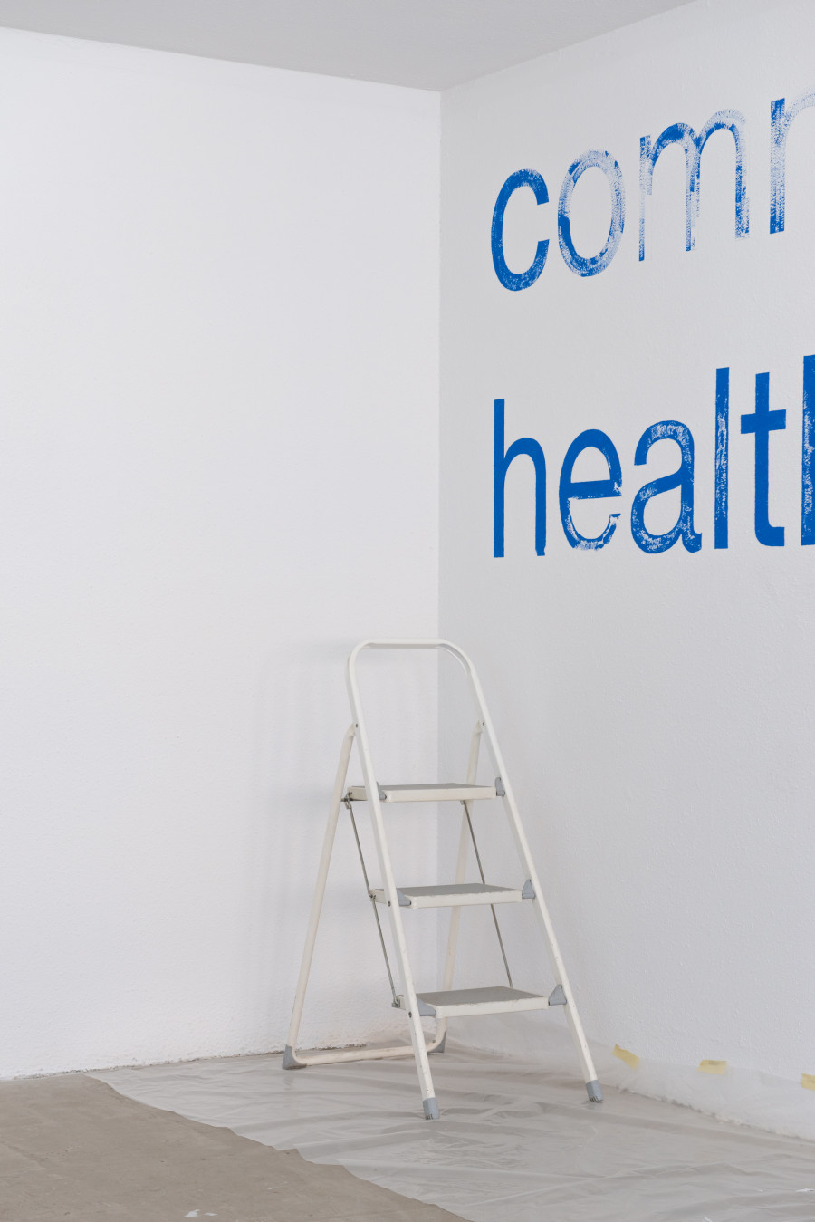 Exhibition view, Moniker, HAMLET, Zürich, 2025. Sam Cottington, Let’s get married, 2025, 1. The exhibiting artists are all asked one question: Growing up, what was your father’s job?, 2. The answers to this question will be painted onto the wall in colours taken from paint used at New York construction sites, where the artist is producing this work remotely.