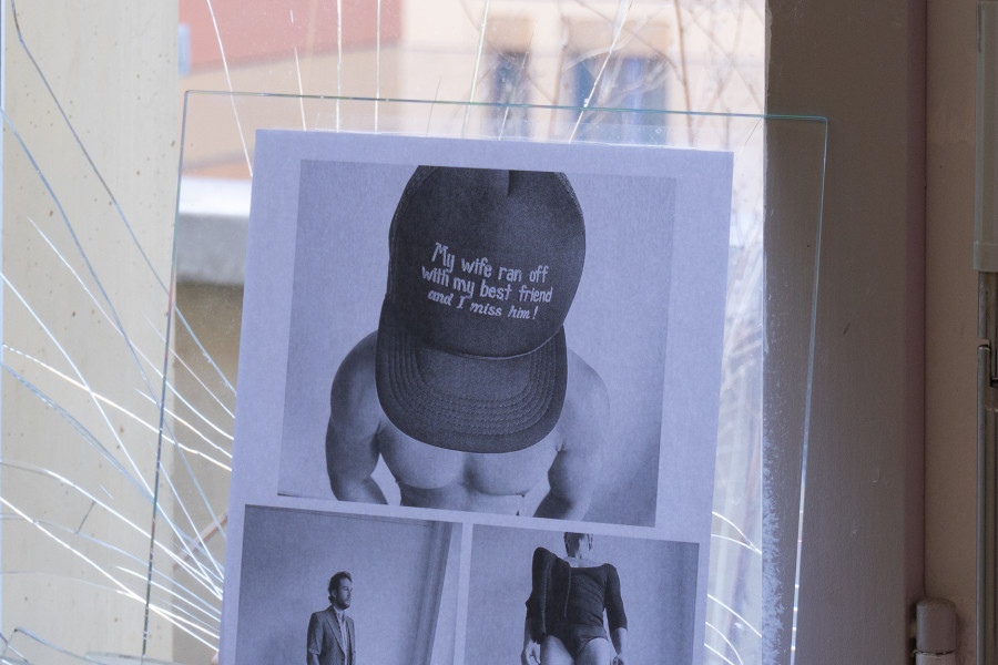 Exhibition view, Sven Gex, celebratory, Halmet, Zürich, 2025. Sven Gex, celebratory, 2025, gift wrapping paper, nails, glass, printed images from the ‚character fitting‘ series 2021-ongoing