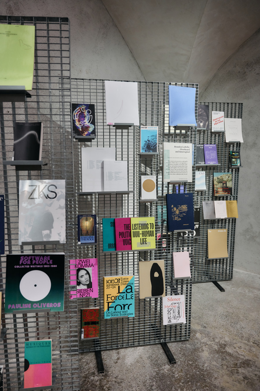Exhibition view «Interlude: Act 2, Hold The Sound – BaseCamp Library», Cabaret Voltaire 2025; Design by Gabriel Hafner, 2024–2025. Photo: Romain Mader.