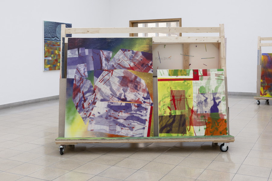 Rochelle Feinstein, The Today Show, installation view, Kunsthaus Glarus, 2025. Photo: Gina Folly. Courtesy the artist and Candice Madey Gallery. Memory Hole #2, 2003–2024, UV print, acrylic, silkscreen on muslin on canvas, 127 x 106.7 cm / 50 x 42 in. Henny Penny, 2023, Silkscreen on muslin and Kozo paper and acrylic on canvas, 83.2 x 83.2 cm / 33 x 33 in