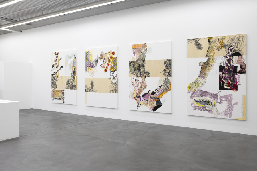 Pia Fries, schwarze blumen erucarum ortus, 2005, je 240 x 170 cm. Ölfarbe, Siebdruck, Holz. Courtesy: Pia Fries Ausstellungsansicht / Installation view Kunsthaus Baselland 2023. Foto / Photo: Gina Folly © Pia Fries / 2023 ProLitteris, Zürich