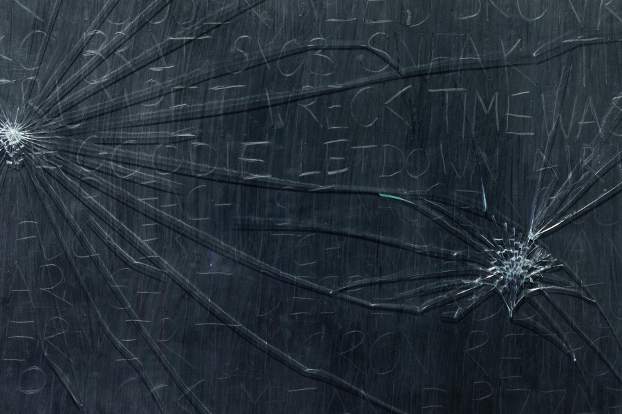 Fiona Banner aka The Vanity Press, B o n e s (detail), 2002, Graphite in Paper under Smashed Glass, 80 x 100 cm Burger Collection, Hong Kong. Photo: Kilian Bannwart