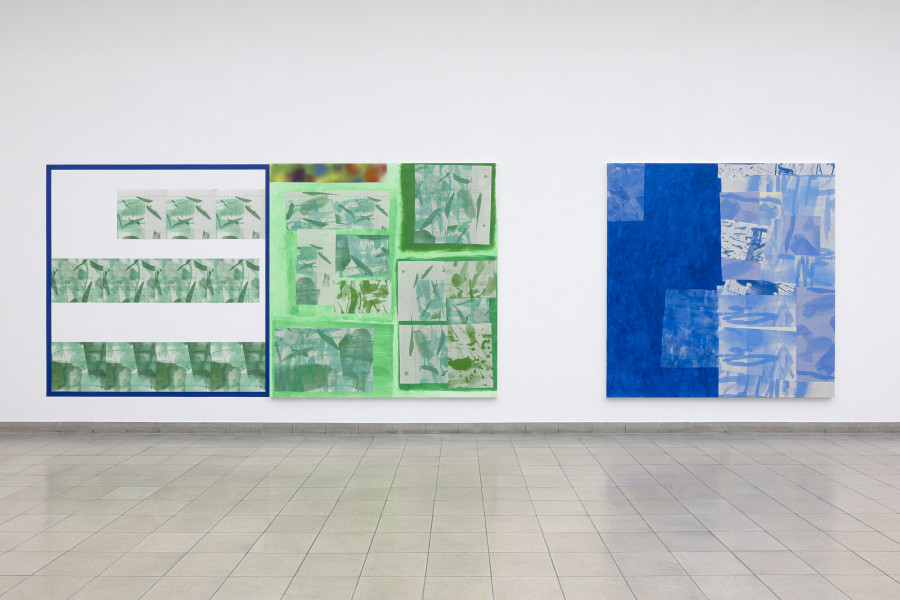 Rochelle Feinstein, The Today Show, installation view, Kunsthaus Glarus, 2025. Photo: Gina Folly. Courtesy the artist and Candice Madey Gallery. Trauma Buddies, Green, 2024, UV print on fabric, blue painters tape, 213.4 x 208.3 cm / 84 x 82 in. Present Conditional (LK), 2024, Acrylic, acrylic spray paint, silkscreen on muslin on canvas, 213.4 x 208.3 cm / 84 x 82 in. Present Imperative, 2024, Acrylic, silkscreen on muslin, 213.4 x 208.3 cm / 84 x 82 in