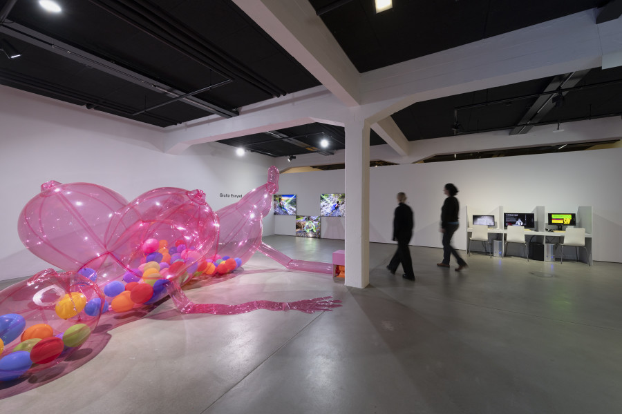 Exhibition view «UBERMORGEN, Johanna Müller, Giulia Essyad. Swiss Media Art – Pax Art Awards 2023», 2024, HEK, photo: Franz Wamhof