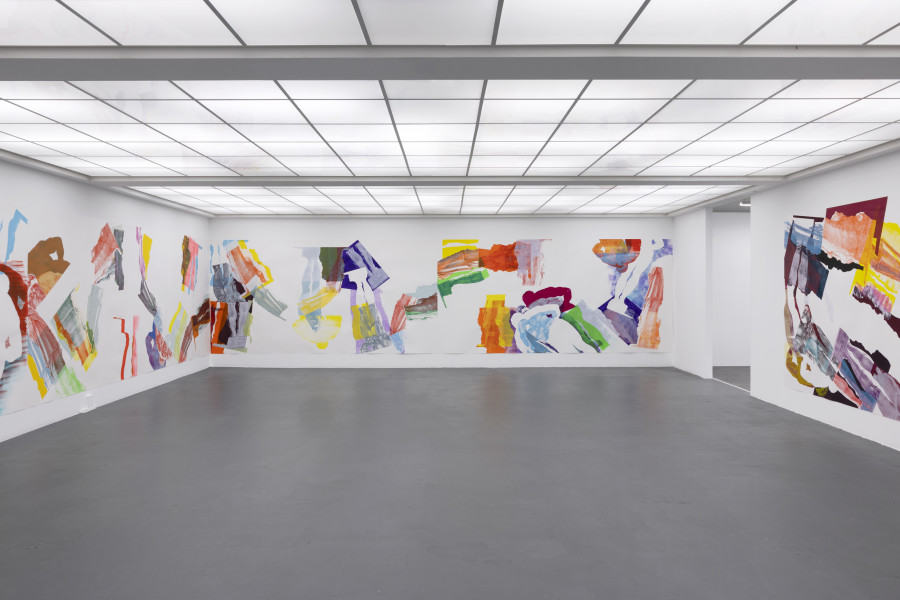 Pia Fries, durch sieben siebe, 2022. Acryl auf Papier, ortsspezifische Installation. Courtesy: Pia Fries, Mai 36 Galerie, Zürich, Miles McEnery Gallery New York. Ausstellungsansicht / Installation view Kunsthaus Baselland 2023. Foto / Photo: Gina Folly © Pia Fries / 2023 ProLitteris, Zürich