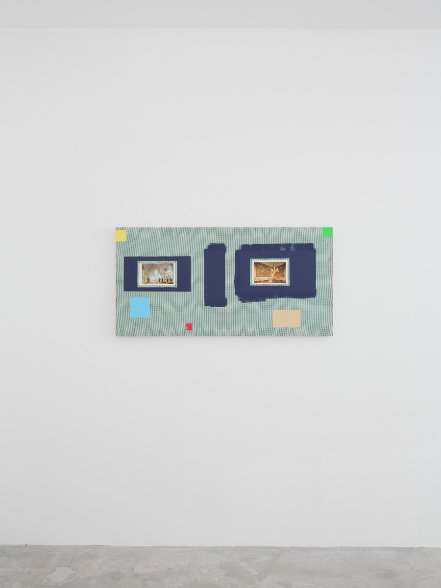 Angélique Heidler, Couloir Vasari, 2024. Acrylic and collage on textile. 60 × 120 × 3.5 cm. Photo credit: Philipp Rupp