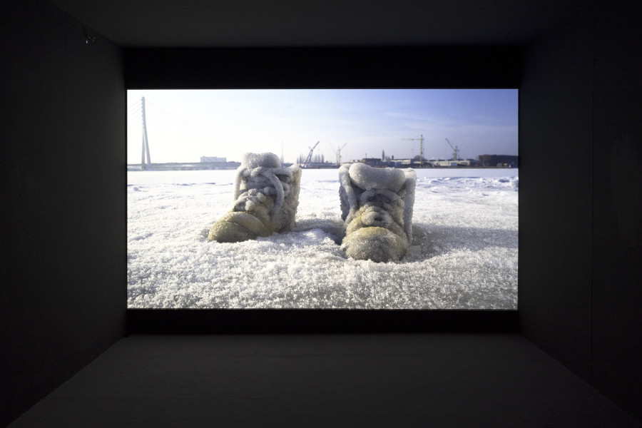 Sigalit Landau, Salted Lake, 2011, Video, 11 min. 5 sec. Courtesy the artist. Installation view Kunsthaus Baselland 2023. Photo: Gina Folly