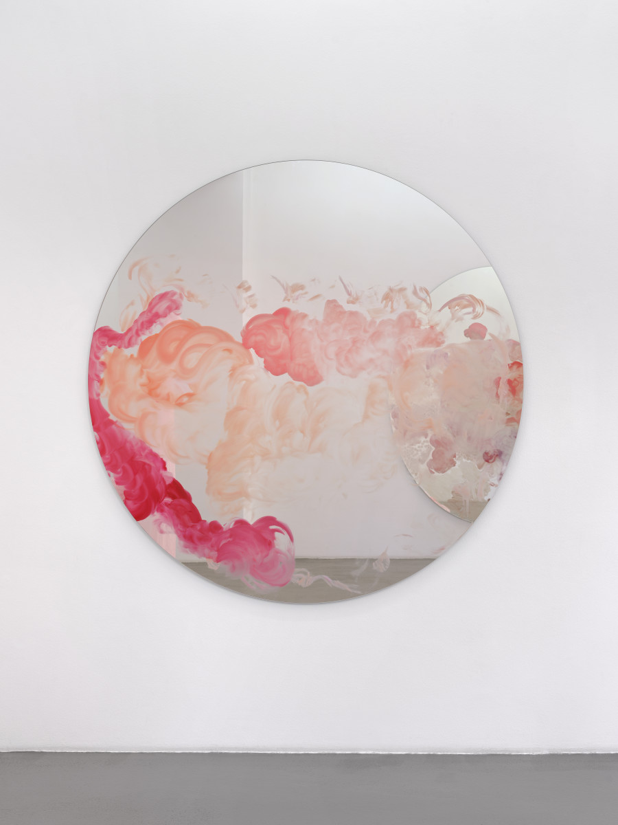 Karla Black Looking Glass (Alike In Line), 2025, glass paint on mirror, 180 x 180 cm