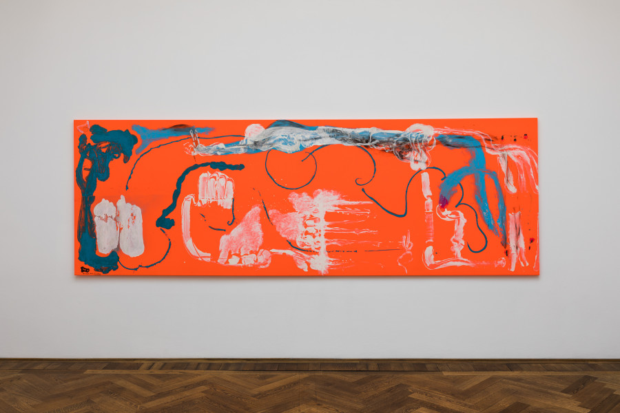 Installation view, Michaela Eichwald, Auf das Ganze achten und gegen die Tatsachen existieren, Kunsthalle Basel, 2021, view on Panzerwiese Hartelholz, 2020. Photo: Nicolas Gysin / Kunsthalle Basel
