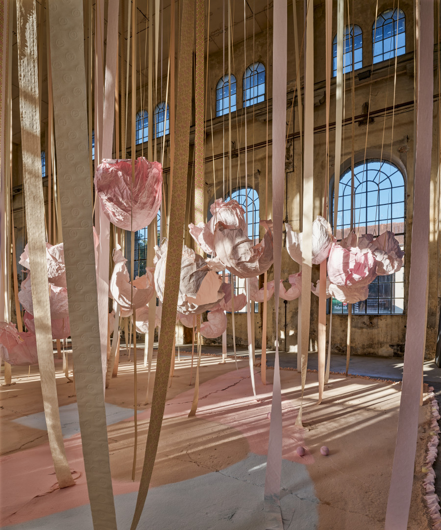 Karla Black, 'Safety As A Stance', 2025, installation view 'Karla Black', Kunstraum Dornbirn 2025, Photo Günter Richard Wett, © Karla Black, Courtesy Galerie Gisela Capitain, Cologne and Modern Art, London.