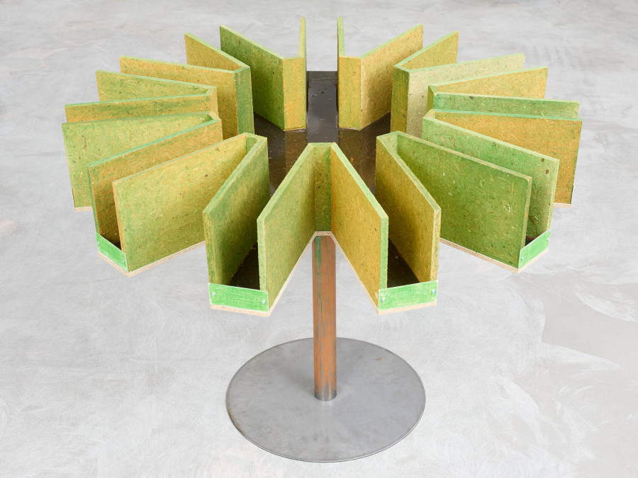 Nearest Pond, Perhaps we should move on to the next world II, 2025. Wood, pin resin, wax pastel, acrylic paint, steel. 100 × 60 cm. Photo credit: Philipp Rupp