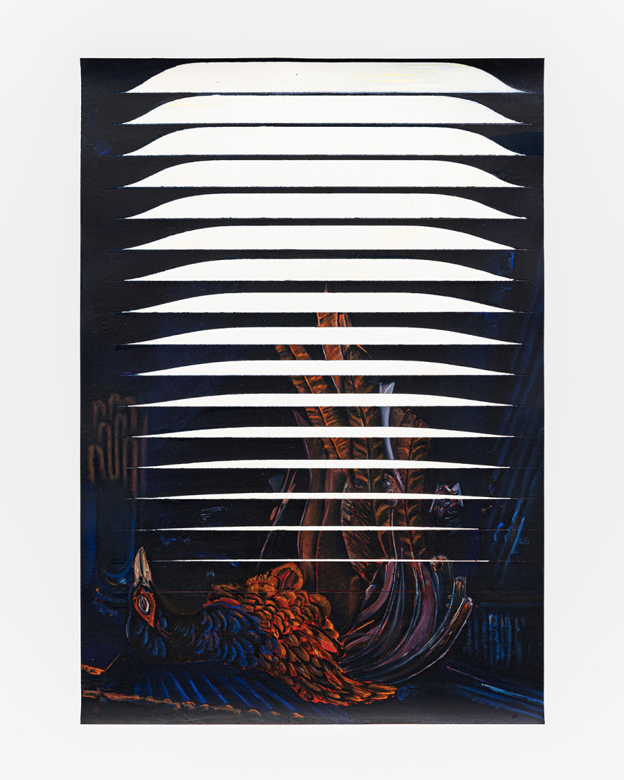 Exhibition view « Version Cue », Niels Trannois, Pleine soie moirée rose, pièce de titre noire, corrupted, corrupted, laser-engraved oil on porcelain on Plexiglas, 40x30 cm, 2024-2025, CALM – Centre d’Art La Meute, Lausanne, Switzerland, 2025 / Photo: Théo Dufloo / Courtesy of the artist.