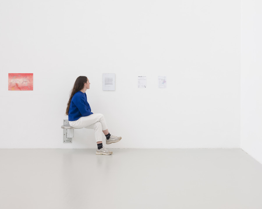 Bureaucracy Studies, Standard Seating Height, 2025. With works and documents by: Florian Bonny, Charlie Froud, CASE (Nicholas Tammens, Sung Tieu, Studio for Propositional Cinema), Kyung Roh Bannwart, Sun Tieu, Ernie Wang, Musée Ariana Genève, L’Atelier des musées (Ville de Neuchâtel). Courtesy: Bureaucracy Studies. Exhibition view, CAN Centre d’art Neuchâtel, 2025. Photo: S. Verdon