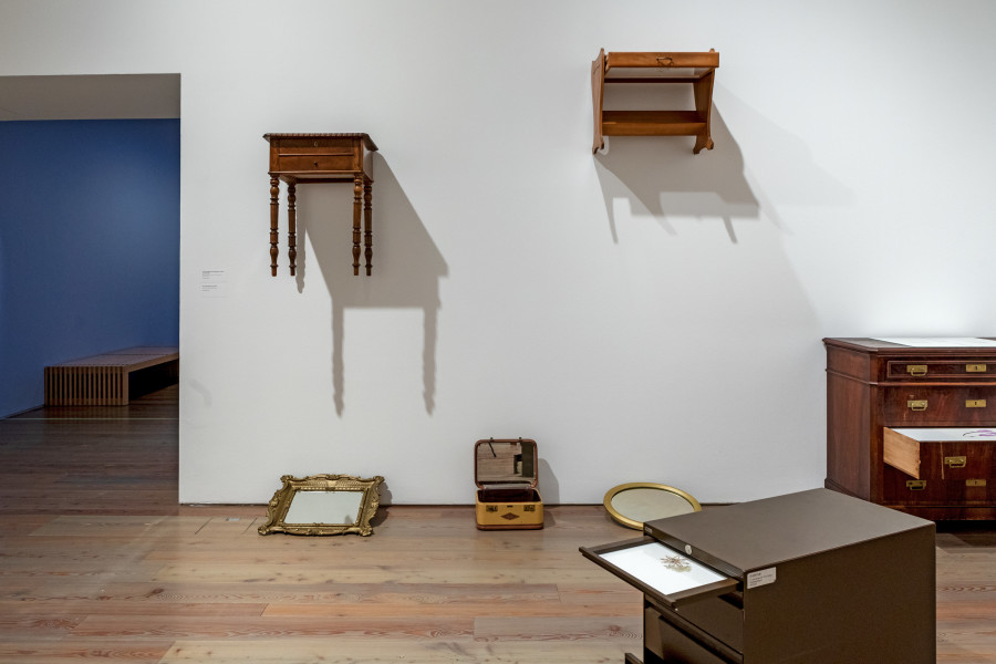 Temitayo Ogunbiyi, You will find new framing in crafts of old, 2023 Pencil, watercolour, ink and acrylic on herbarium paper, second-hand furniture. Installation view Temitayo Ogunbiyi. You will follow the Rhein and compose play at Museum Tinguely, Base!, 2023. © Courtesy the artist, photo: Museum Tinguely, Base!, Bettina Matthiessen