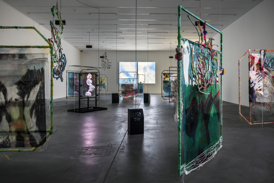 Installation view ‘Julien Creuzet - Orpheus was musing upon braised words (...)’, Luma Westbau, Zurich, 2023. Photo: Nelly Rodriguez