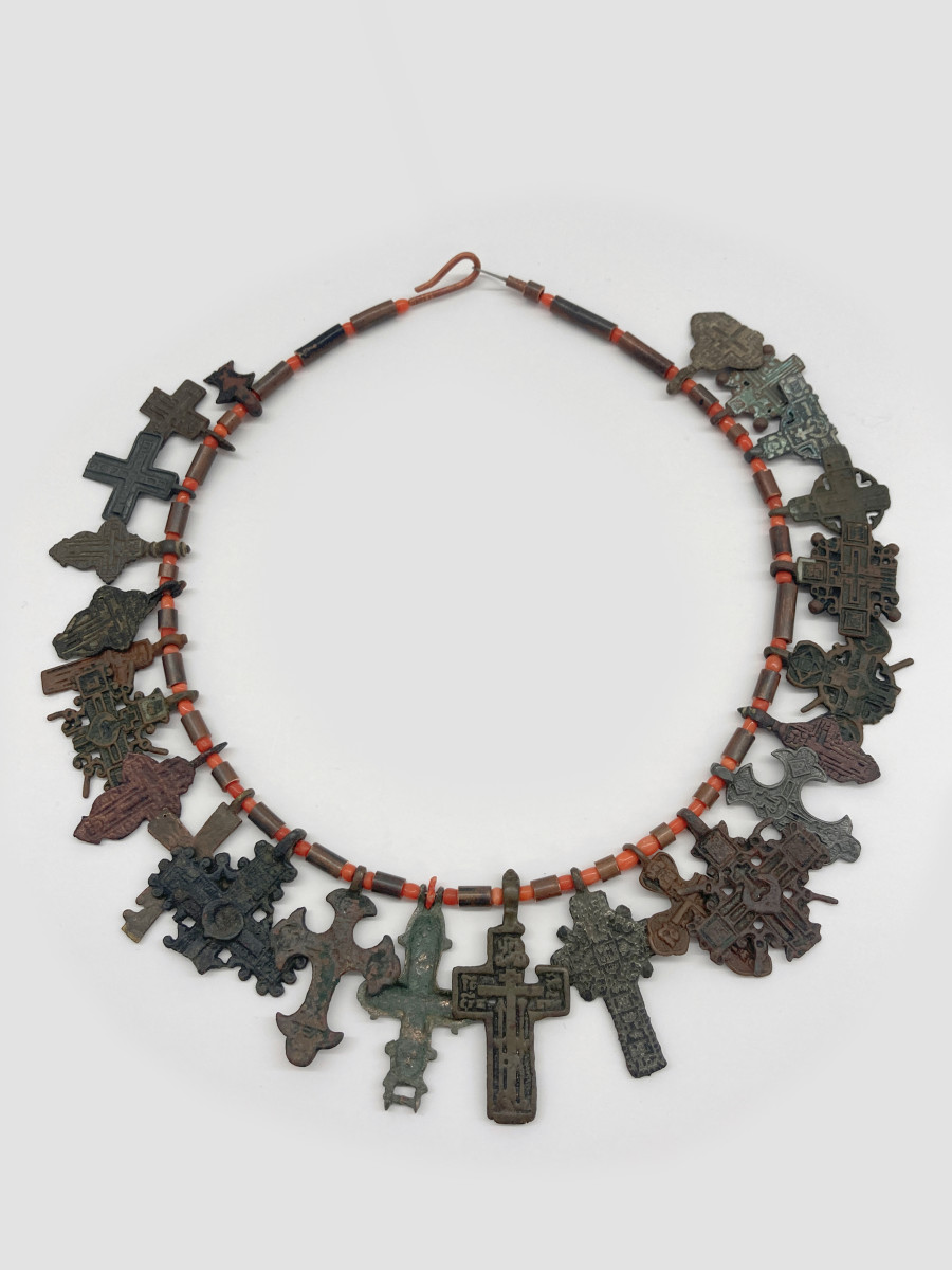 Bernhard Schobinger, Eastern Crosses, 2023, Necklace made of antique crosses found in the Kievan Rus, bronze, copper, red corals, stainless steel wire, 22.5 x 19.5 x 0.5 cm, Neckline 56 cm