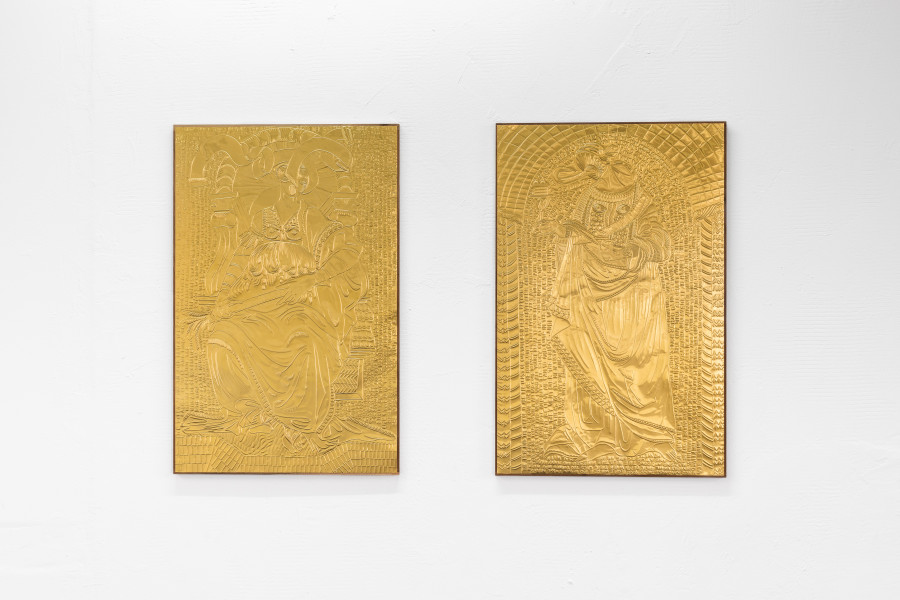 Left: Leila Peacock, Wondertale - Once there was..., 2023, Drawn into aluminium sheets mounted on wooden boards, 45 x 70 cm. Right: Leila Peacock, Wondertale - When all’s said and done..., 2023, Drawn into aluminium sheets mounted on wooden boards, 45 x 70 cm. Photo: Kilian Bannwart