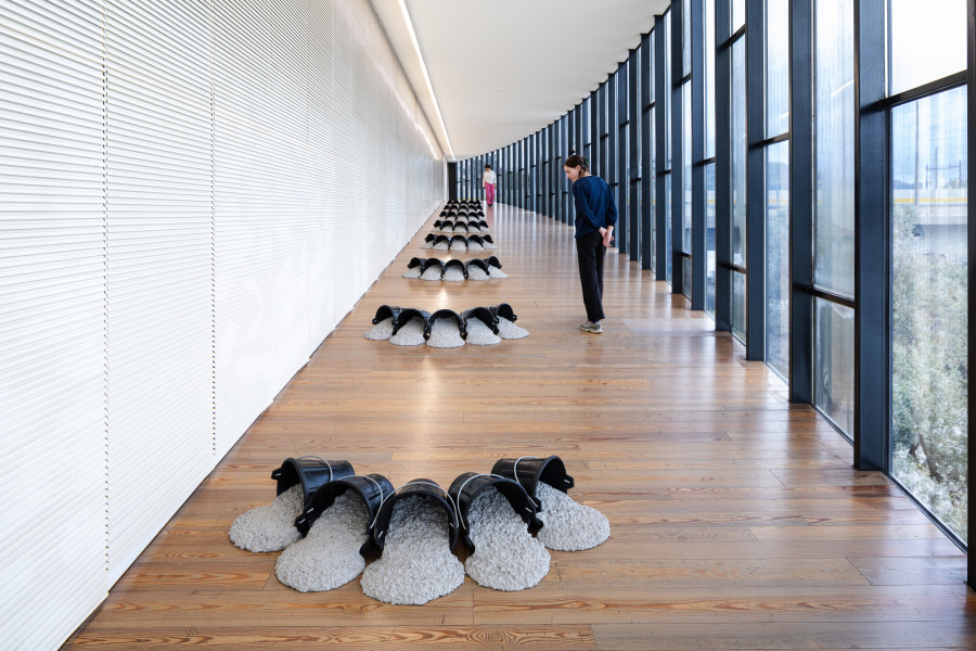 Delphine Reist, La pente [the incline], 2023, Buckets from vulcanized caoutchouc, concrete, Installation view Delphine Reist. ÔL {oil, olio, huile] at Museum Tinguely, Base!, 2023, Courtesy Delphine Reist, Galerie Lange+ Pult, Galerie Laurent Godin, © Delphine Reist, Photo: 2023 Museum Tinguely, Base!; Bettina Matthiessen