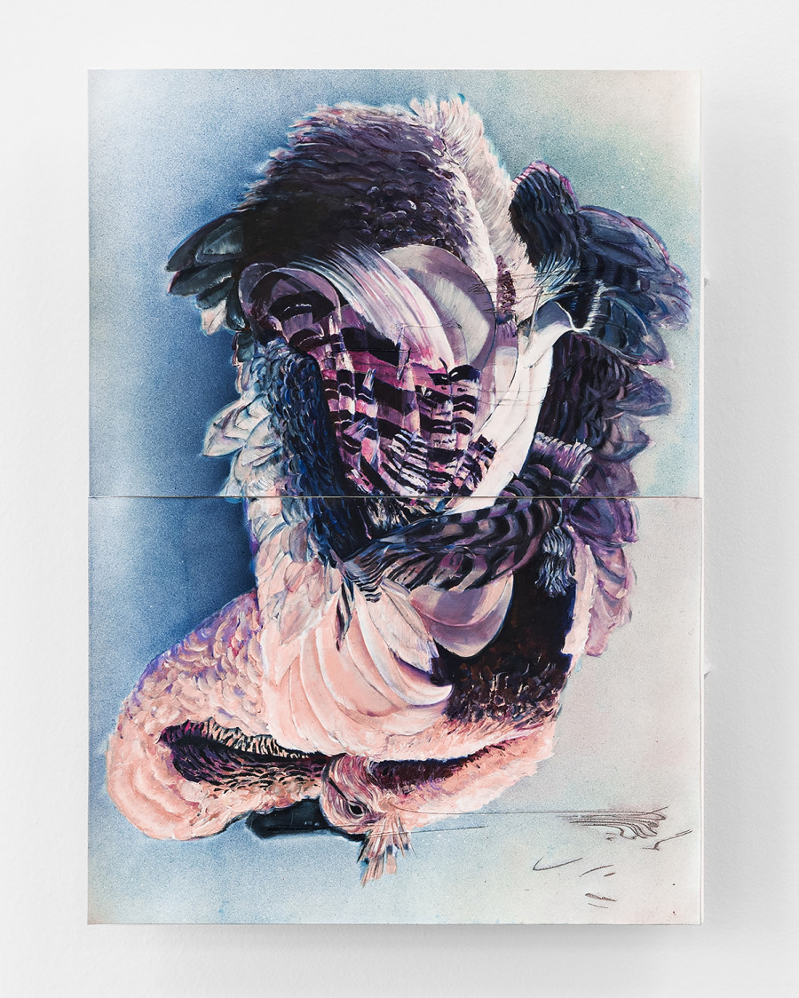 Exhibition view « Version Cue », Niels Trannois, Astray (Elias), 2025, laser-engraved oil on porcelain on Plexiglas, 51x36 cm, CALM – Centre d’Art La Meute, Lausanne, Switzerland, 2025 / Photo: Théo Dufloo / Courtesy of the artist.