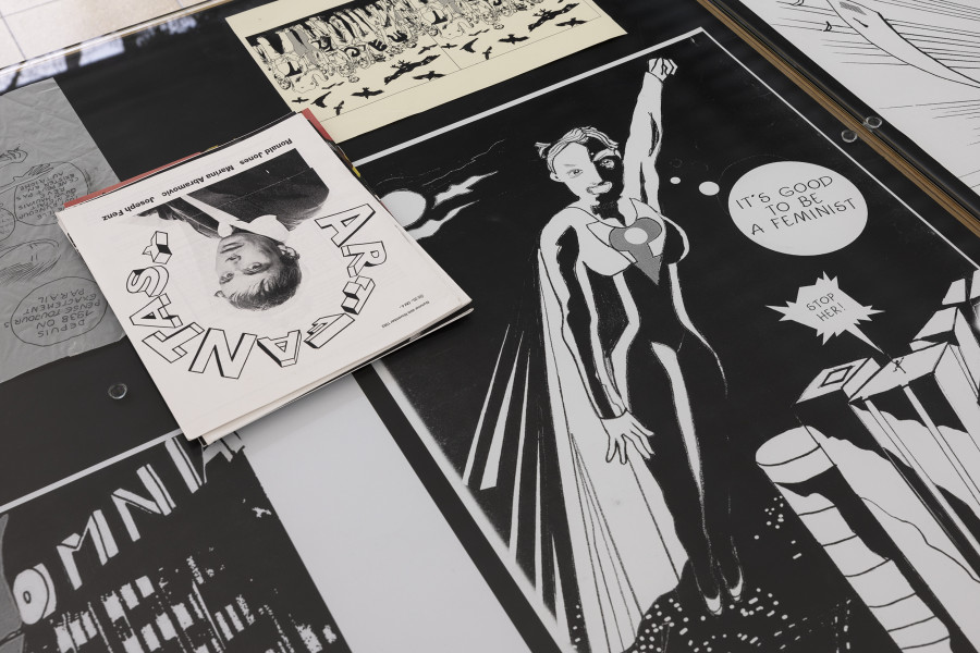 Linda Bilda, Die goldene Welt, installation view, Kunsthaus Glarus, 2025. Photo: Gina Folly. Drawings, sketches, posters, collages, 1997–2019, Pencil, fiber pen, ink and copies on paper, Estate Linda Bilda