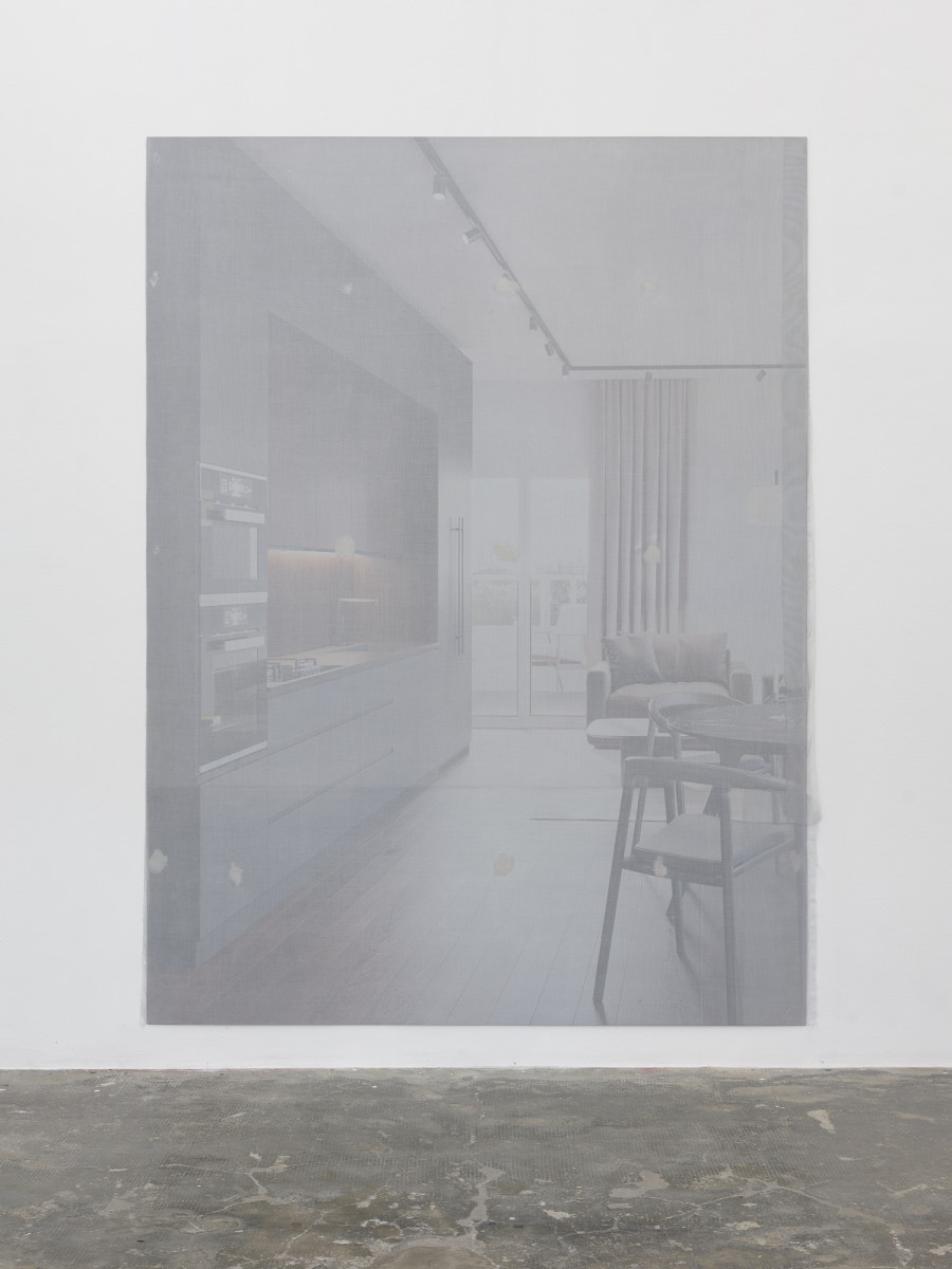 Gilles Jacot, it’s always summer and the sky is blue, 2025, alu dibond advertising board, fabric, mastic, 200 × 150 × 0.5cm. © Sebastien Verdon